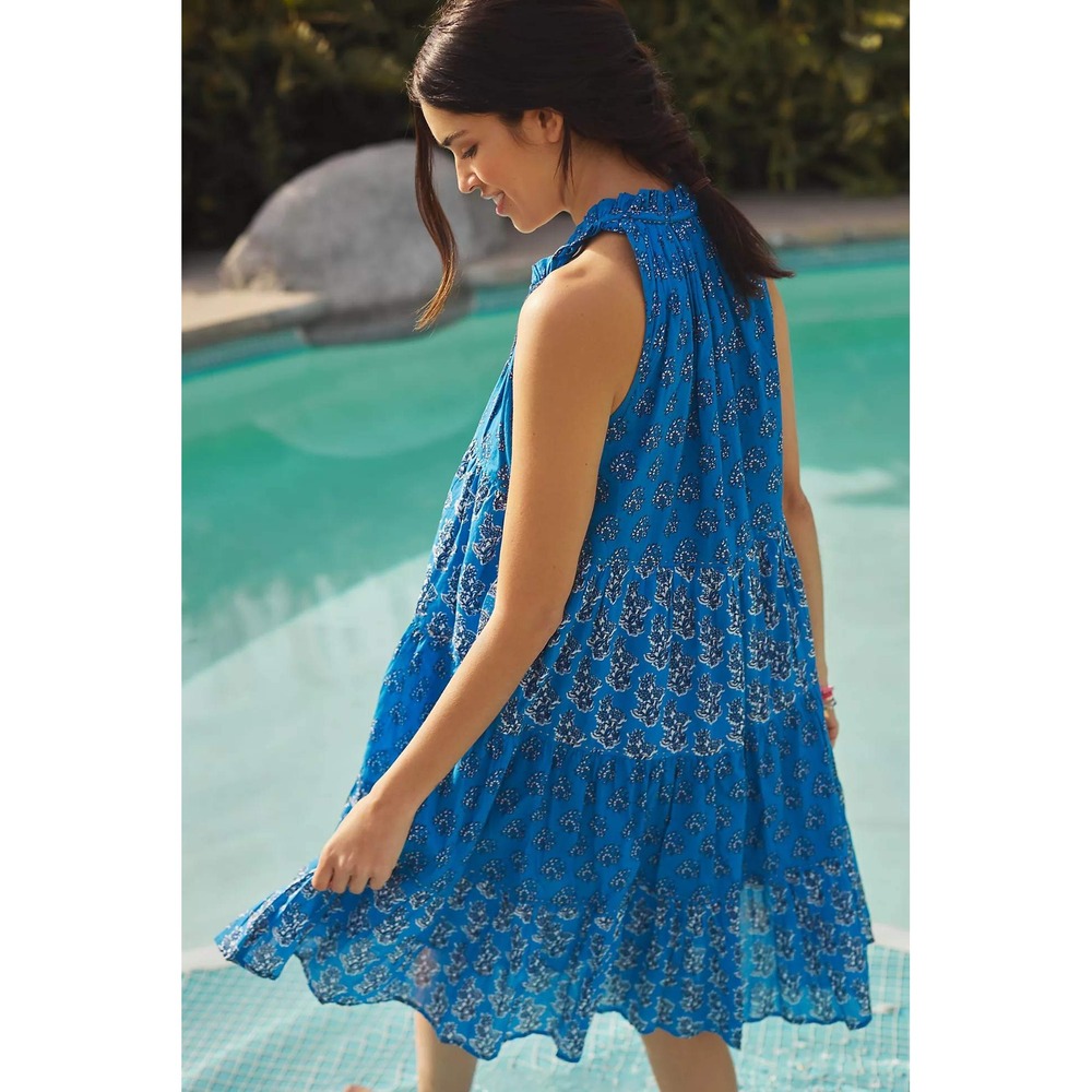 Ro's Garden Anthropologie Blue Sofia Tiered Mini Dress Boho Size Medium - Picture 2 of 12
